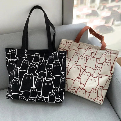 Cat Print Canvas Tote Bag – Cute Graphic Shoulder Bag for Women
