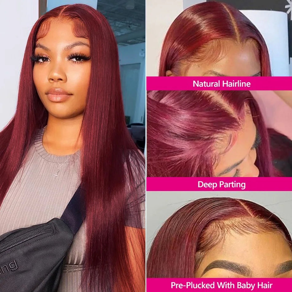 99j Burgundy 13x6 Colored Hd Lace Front Wig Human Hair Wigs Preplucked Premium Red Peruvian Straight