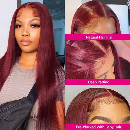 99j Burgundy 13x6 Colored Hd Lace Front Wig Human Hair Wigs Preplucked Premium Red Peruvian Straight