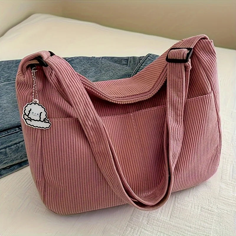 Women's Corduroy Shoulder Tote Bag – Large Capacity with Cute Patch