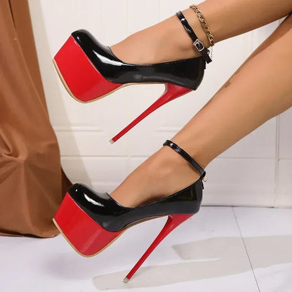 Women's Stiletto Platform Pumps – Patent Leather Ankle Strap Heels