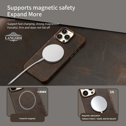 Langsidi Magsafe Case Iphone 15 16 Pro Max Retro Luxury Full Grain Cowhide Genuine Oiled Pull-Up