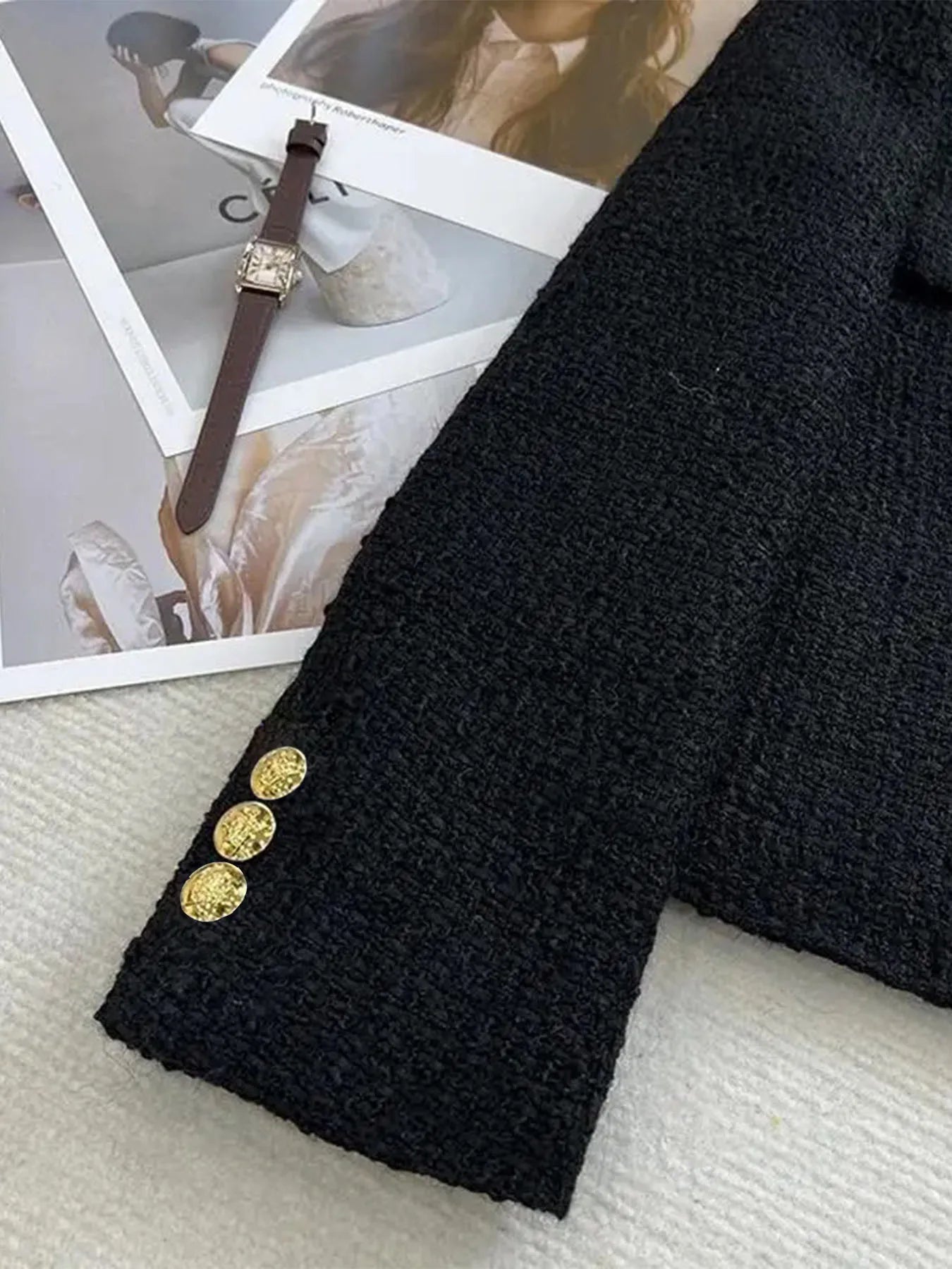 Women's Wool Tweed Short Coat – Gold Button Slim French Style