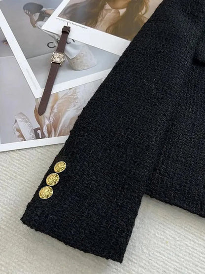 Women's Wool Tweed Short Coat – Gold Button Slim French Style