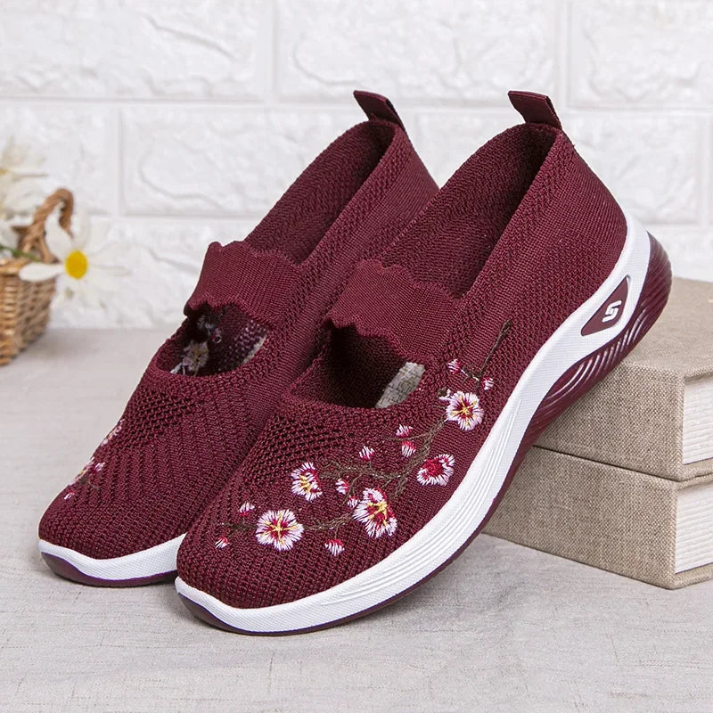 Women's Embroidered Slip-On Sneakers – Breathable Chunky Sole Casual Shoes