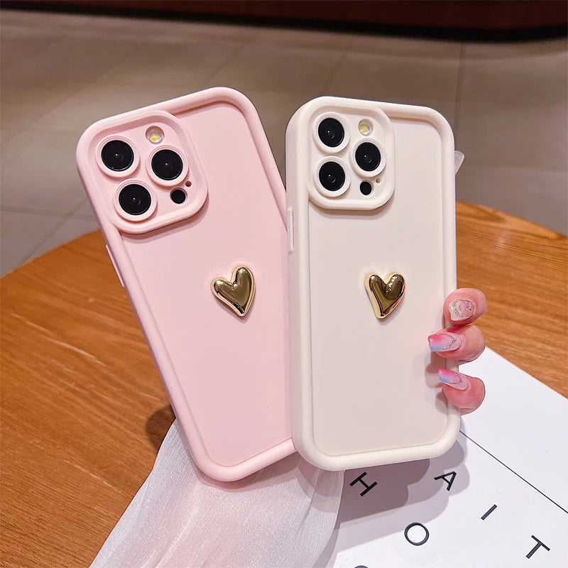 3d Gold Heart Silicone Soft Phone Case Iphone 15 14 13 12 11 16 17 Pro Max Xs Xr 7 8 Plus Se
