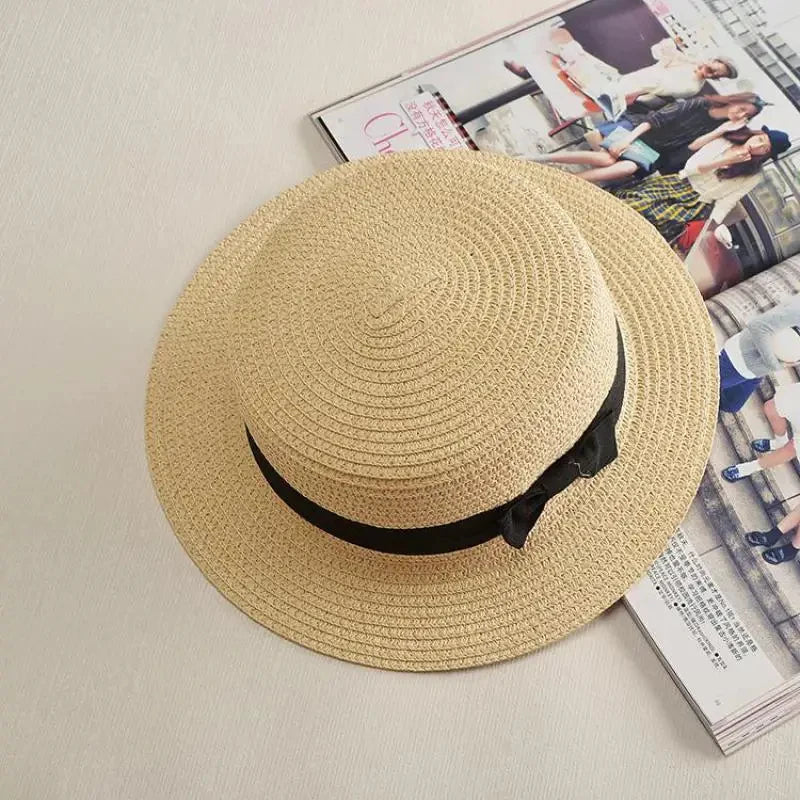 Women's Boater Straw Hat with Bow – Sun Protection Beach Hat