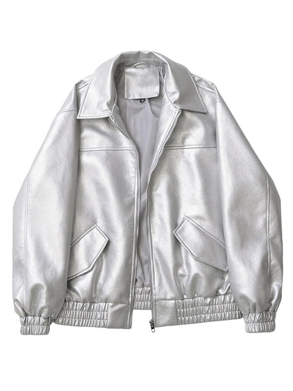 Women's Oversized Faux Leather Zip Jacket – Retro Streetwear Coat