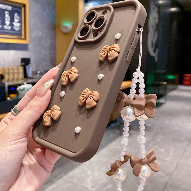 Korean 3d Bowknot Pearl Silicone Phone Case Iphone 16 17 Pro 15 14 13 12 11 Max 16e 7 8 Plus Lanyard