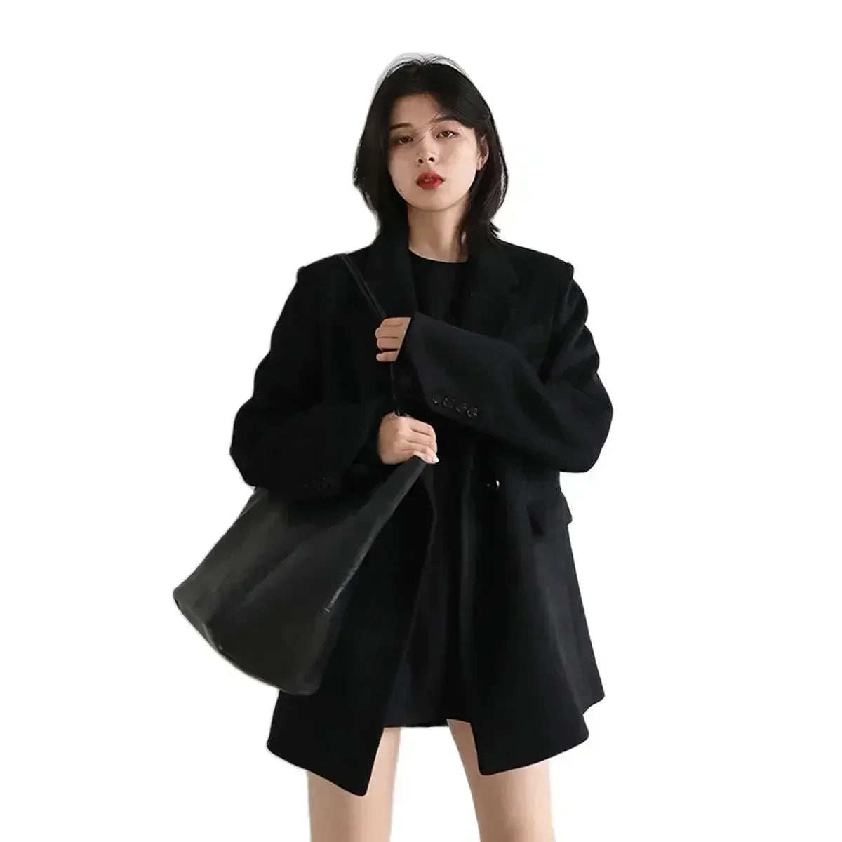 Women's Wool Blend Mid-Length Coat – Office Blazer Overcoat