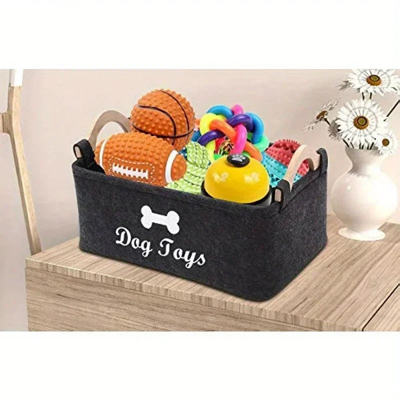 Dog Toy Storage Basket – Felt Pet Toy Box with Wooden Handles