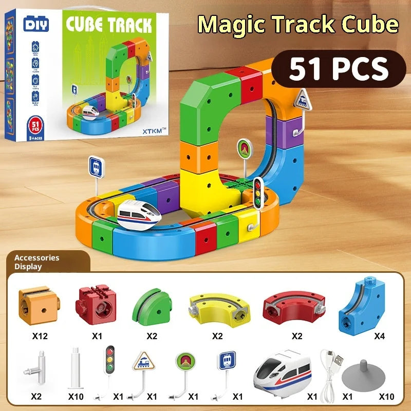 Magnetic Cube Track Train Set – DIY Electric Railway Building Toy