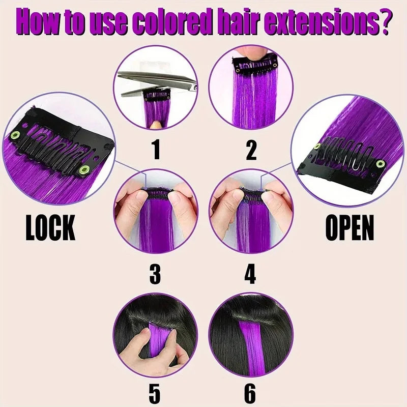 Clip-In Hair Extensions 5pcs Straight Colorful Synthetic 20 Inch