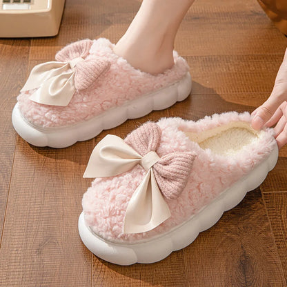 Winter Warm Fur Slippers Women Cute Bow House Non Slip Soft Shoes Comfort Flat Heel Home Indoor