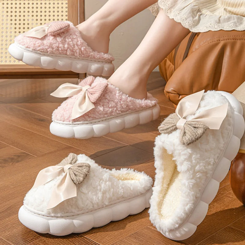Winter Warm Fur Slippers Women Cute Bow House Non Slip Soft Shoes Comfort Flat Heel Home Indoor