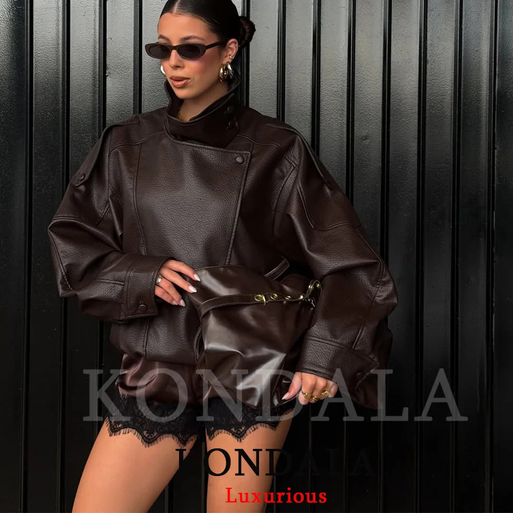 Women's Oversized Faux Leather Jacket – Casual Chic Button Coat