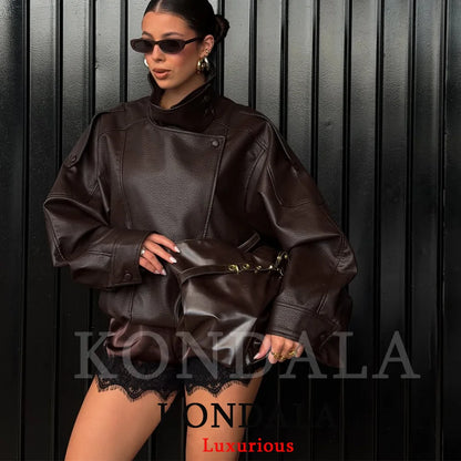Women's Oversized Faux Leather Jacket – Casual Chic Button Coat