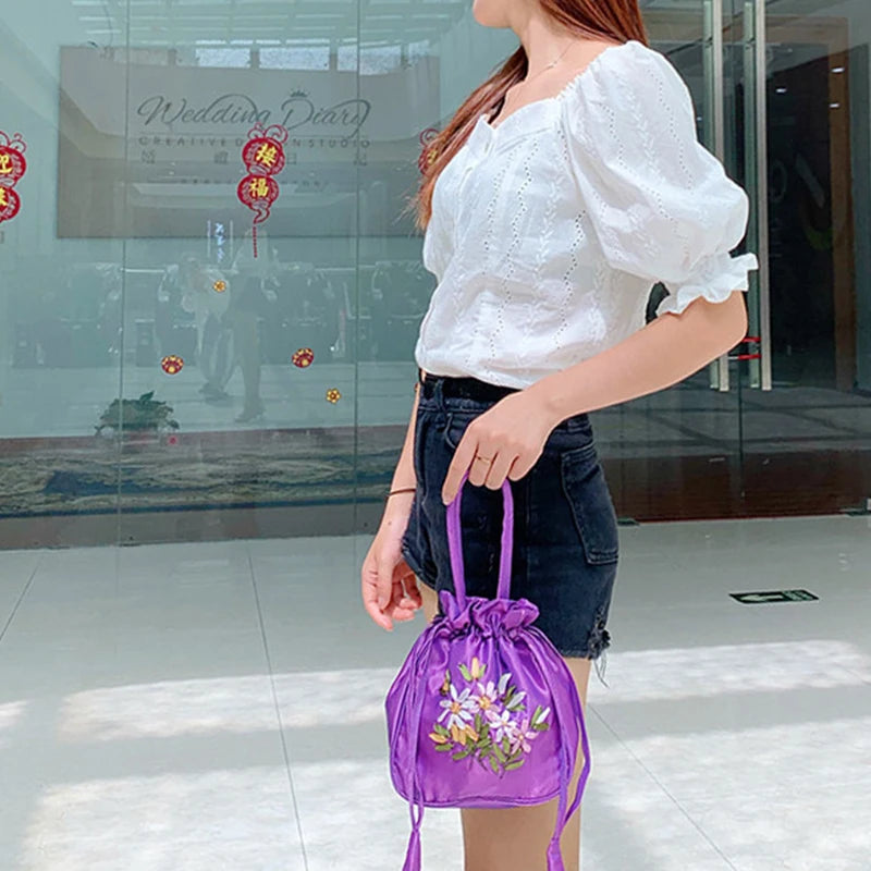 Women's Embroidered Bucket Bag – Floral Top Handle Purse
