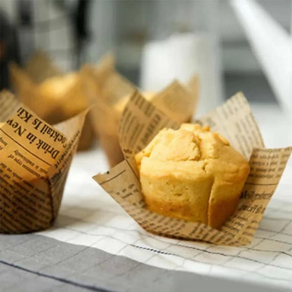 Newspaper Print Tulip Cupcake Liners – 50 Pack, Kraft Paper