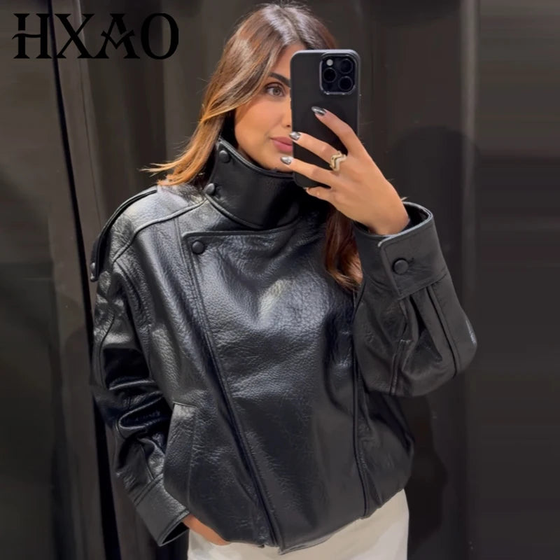 Women's Oversized Faux Leather Bomber Jacket – Cropped Zip-Up Coat