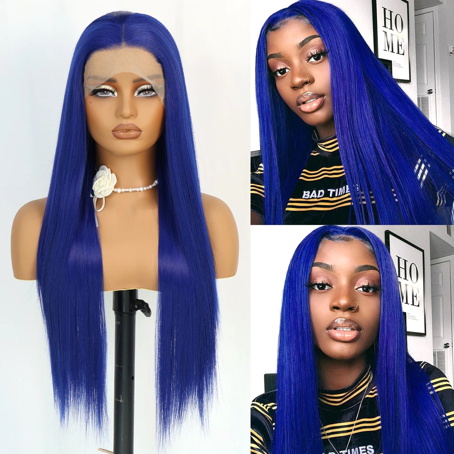 Blue Lace Front Synthetic Wig – Long Straight, 28 Inch, 180% Density