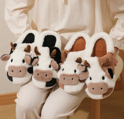 Winter Home Slippers Couples Warm Plush Neutral Cartoon Cow Indoor Anti Slip Comfortable Cotton Men