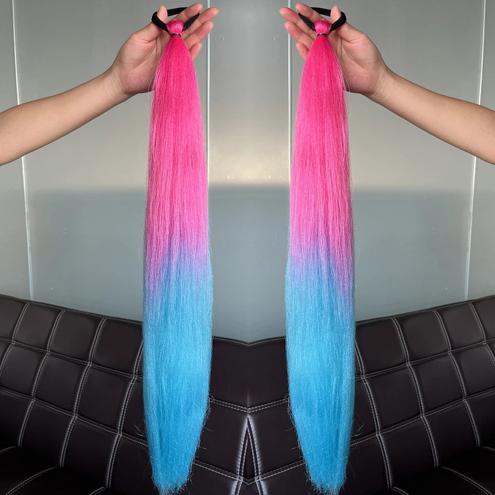 Synthetic Colorful Ponytail Extension 2pcs Long Straight Diy Braided Pony Tail Hairpiece Rubber Band