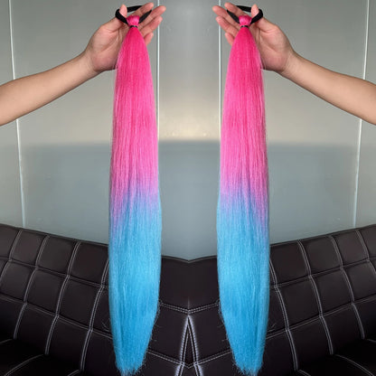 Synthetic Colorful Ponytail Extension 2pcs Long Straight Diy Braided Pony Tail Hairpiece Rubber Band