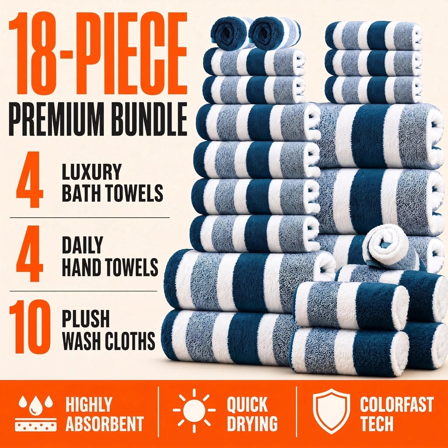 18-Piece Luxury Bath Towel Set – Quick-Dry, Highly Absorbent Striped Towels