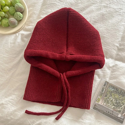 Knitted Balaclava Hood Hat with Fake Collar Shawl – Women's Winter Beanie