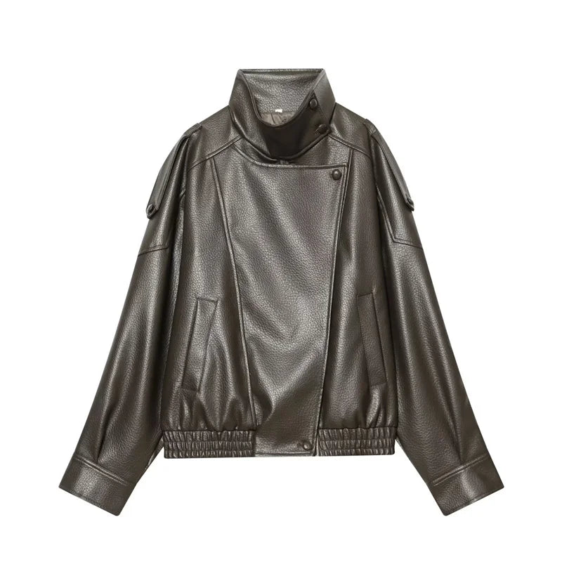 Women's Faux Leather Motorcycle Jacket Long Sleeve