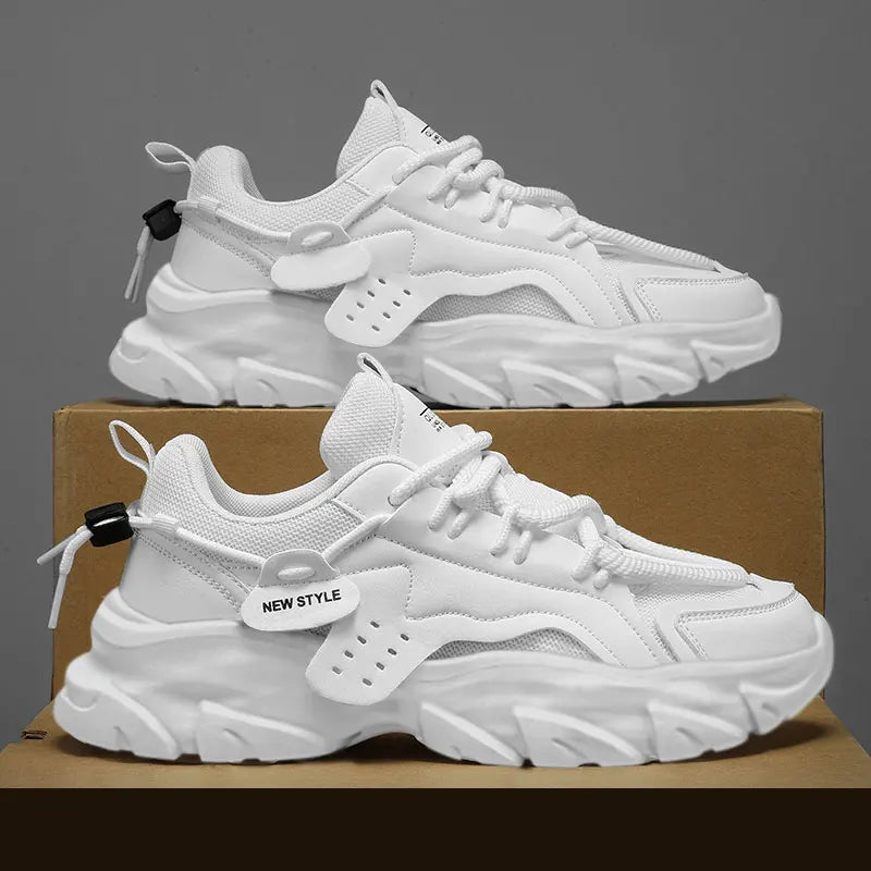 Men's Chunky Leather Sneakers – Breathable Thick Sole Casual Shoes