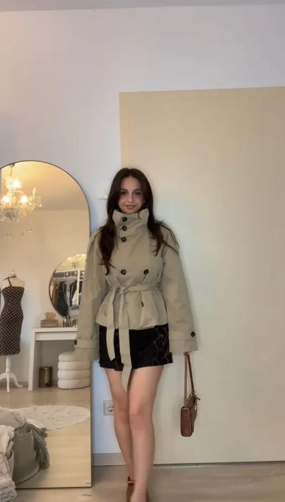 Cropped Trench Coat for Women – Belted Double Breasted