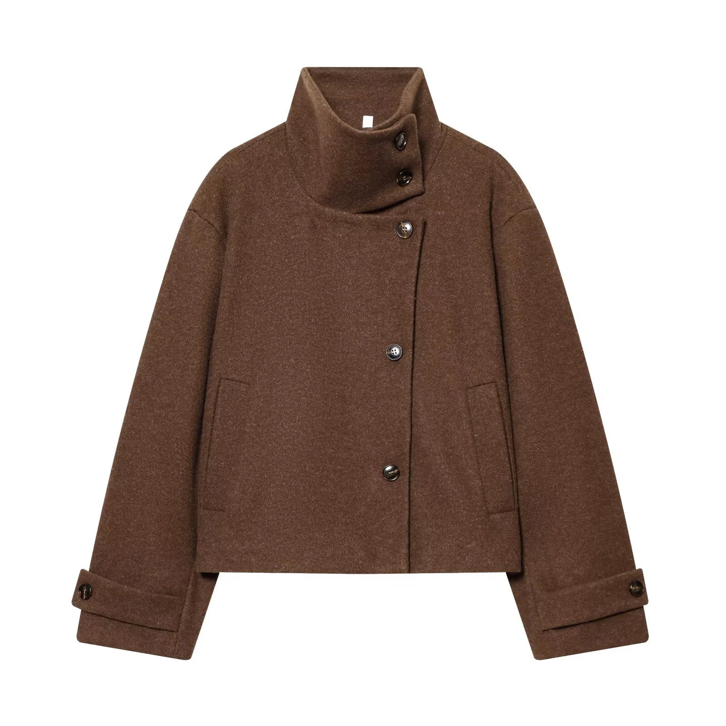 Women's Stand Collar Button Wool Blend Short Coat – Loose Casual Winter Jacket