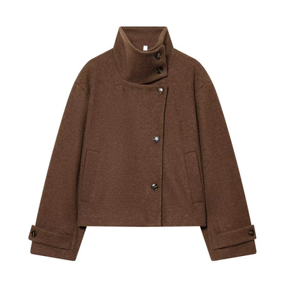 Women's Stand Collar Button Wool Blend Short Coat – Loose Casual Winter Jacket