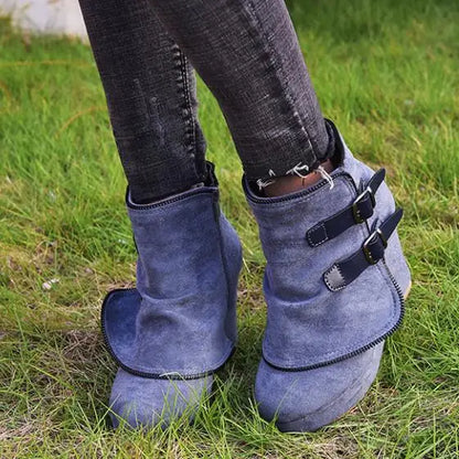 Women's Wedge Ankle Boots Retro Buckle Platform Chunky Heel Zip-Up