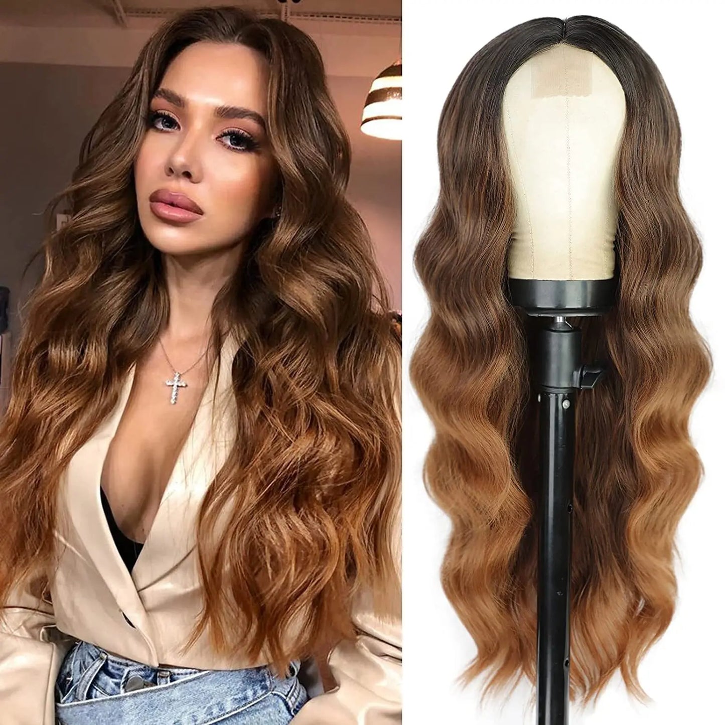 Long Wavy Synthetic Lace Wig – 26 Inch Middle Part, Heat Resistant