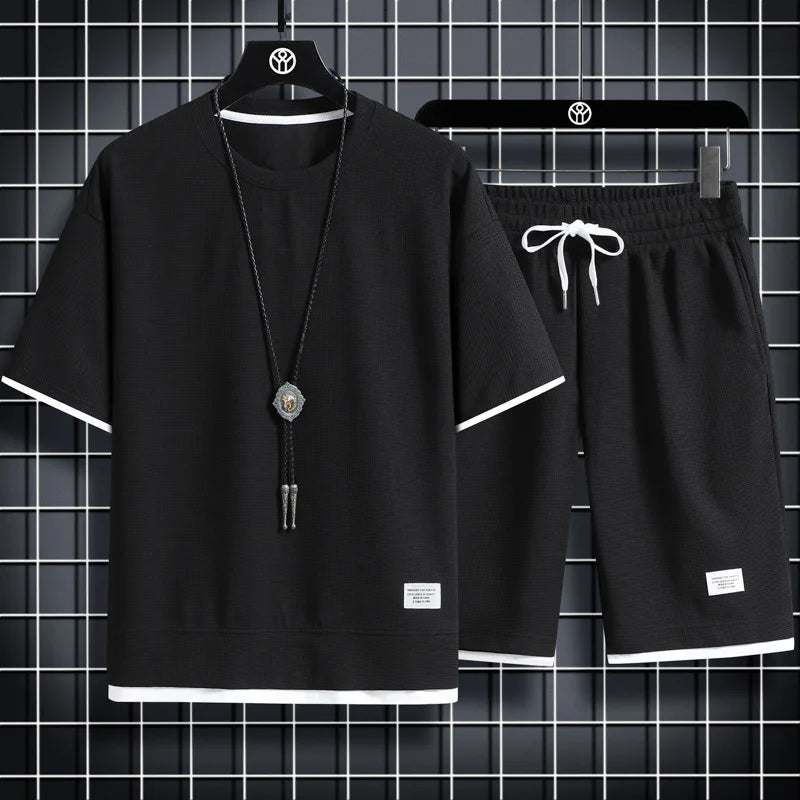 Men's Waffle Texture T-Shirt & Shorts Set