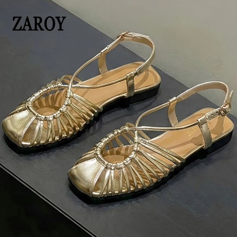 Women's Flat Roman Cage Sandals – Narrow Strap Square Toe