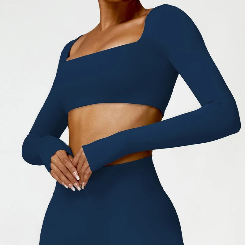 Women's Square Neck Long Sleeve Crop Top – Quick Dry Gym Sports Top