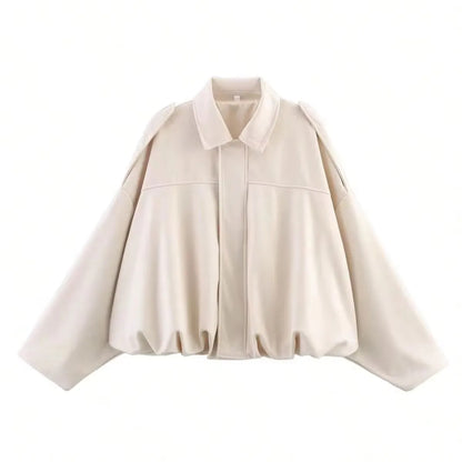 Women's Suede Bomber Jacket – Vintage Loose Zip-Up Coat with Lapel Collar