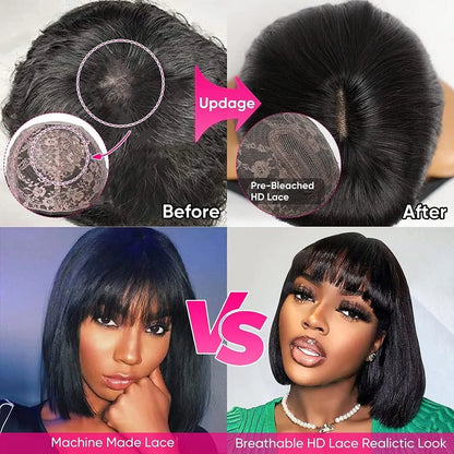 Bob Wig with Bangs Human Hair – 2x1 Lace Closure Straight Short Wig Realistic Scalp