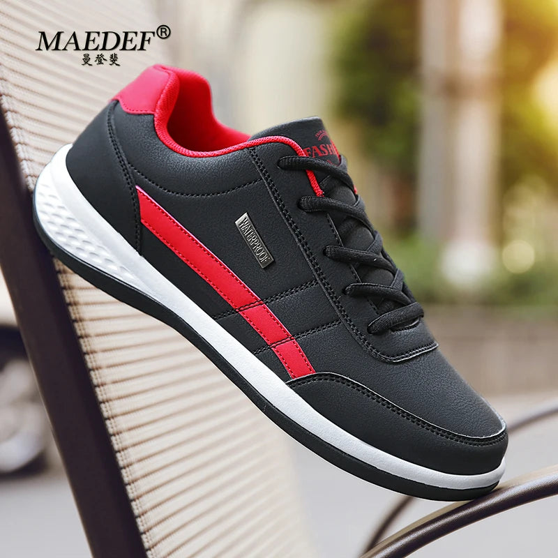 Men's Waterproof Leather Sneakers – Casual Lace-Up Vulcanized Shoes