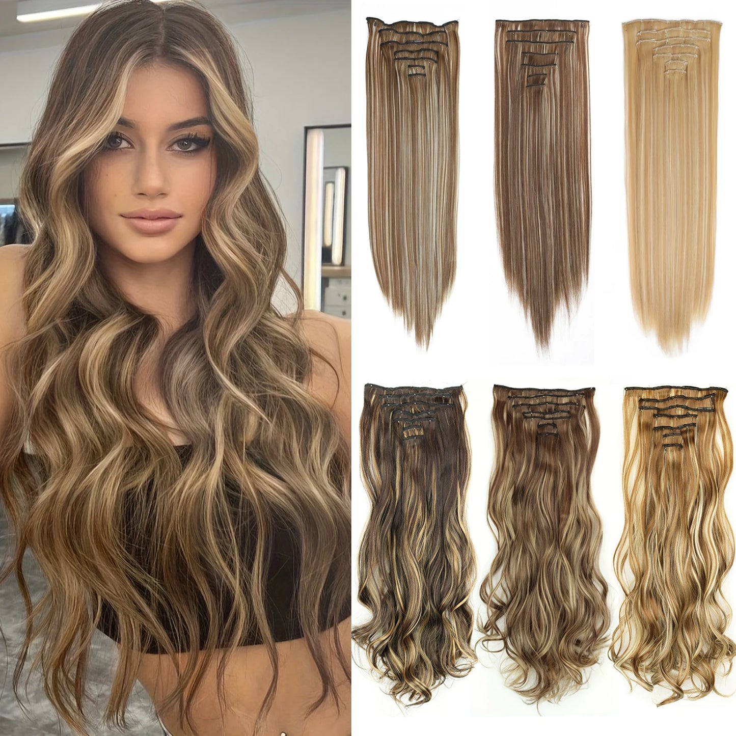 Clip-In Hair Extensions 7pcs 16 Clips Wavy Synthetic 24 Inch