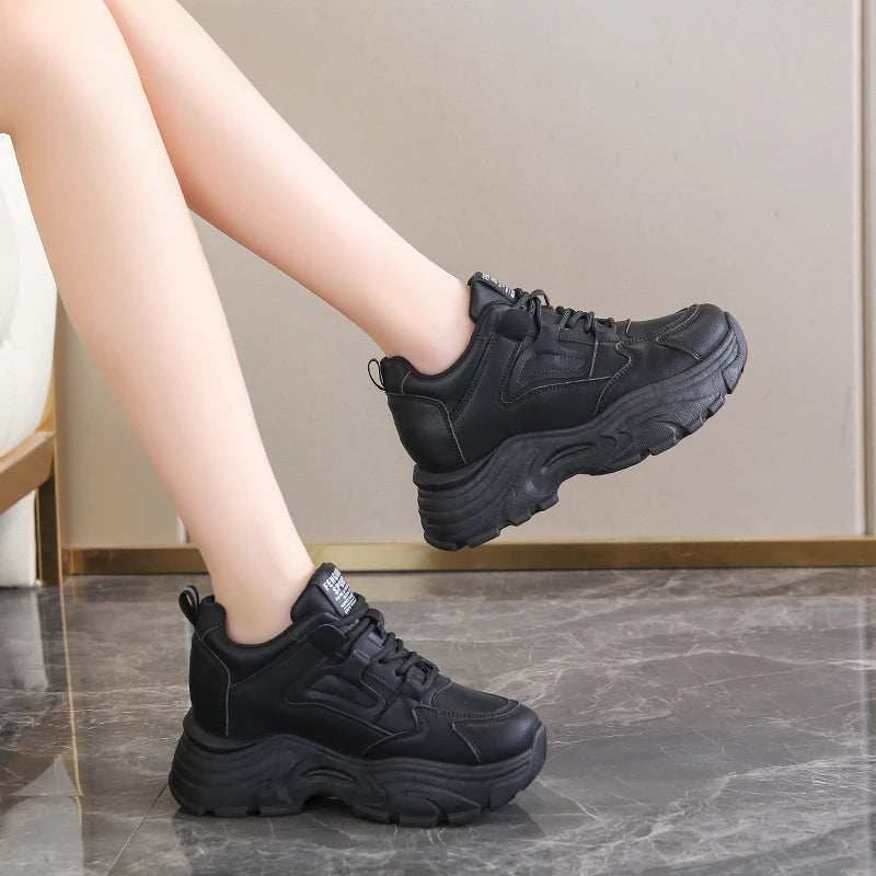 Women's Platform Sneakers – Lace-Up Thick Sole PU Leather Shoes