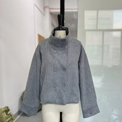 Women's Short Woolen Coat – Stand Collar Zip Jacket