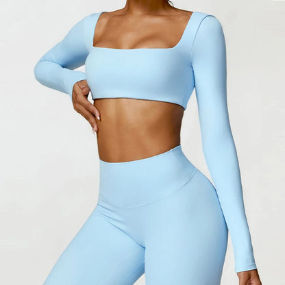 Women's Square Neck Long Sleeve Crop Top – Quick Dry Gym Sports Top