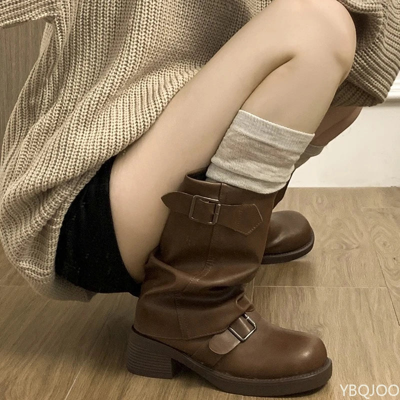 Women's Retro Western Cowboy Boots – Block Heel Buckle Mid-Calf