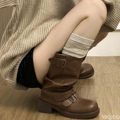 Women's Retro Western Cowboy Boots – Block Heel Buckle Mid-Calf