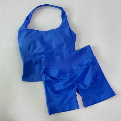 Women's 2-Piece Seamless Workout Set – Backless Tank Top & Scrunch Shorts